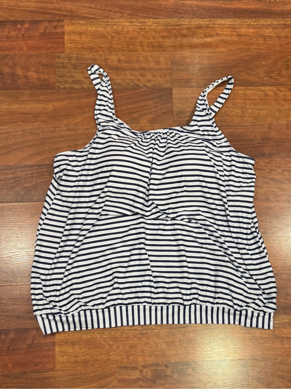 NWT - Yonique - Striped Navy and White Blouson Tankini Swim Top